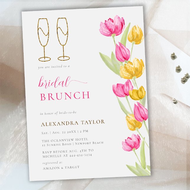 Invitation Boho rose Tulipes Jaunes Flutes d'or Brunch nuptia (Créateur téléchargé)