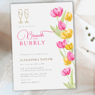 Invitation Boho rose Tulips Jaune Or Brunch Bubbly Bride