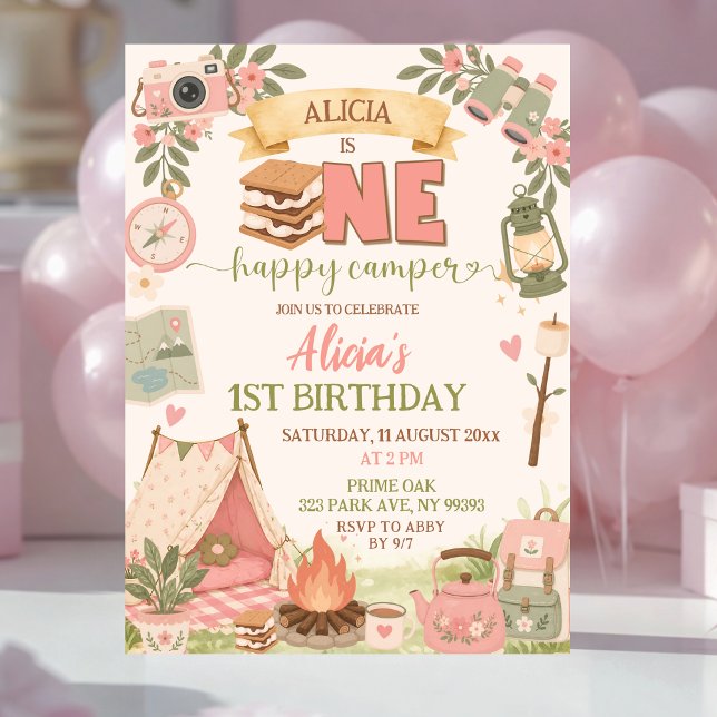 Invitation Boho Rose Un Joyeux Campeur Premier Anniversaire (Créateur téléchargé)