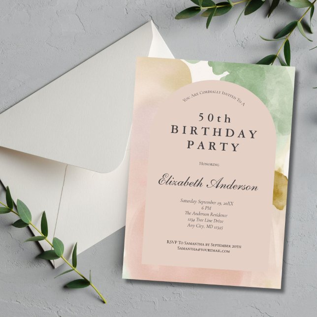 Invitation Boho Rose Vert Or Moderne 50e Anniversaire (Boho Dusty Pink Beige Green Gold Watercolor 50th Birthday invitation for her.)