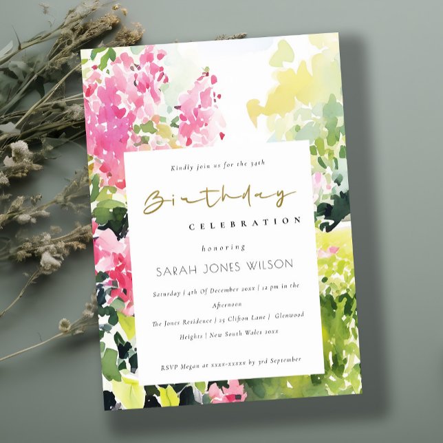 Invitation Boho Rose Vert Tropical Bougainvilliers Anniversai (Créateur téléchargé)