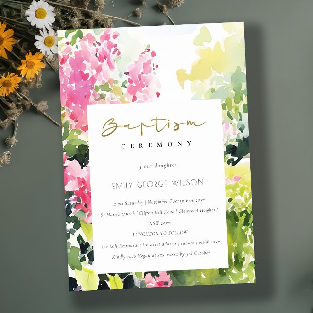 Invitation Boho rose vert Tropical Bougainvilliers Bapitisme (Créateur téléchargé)