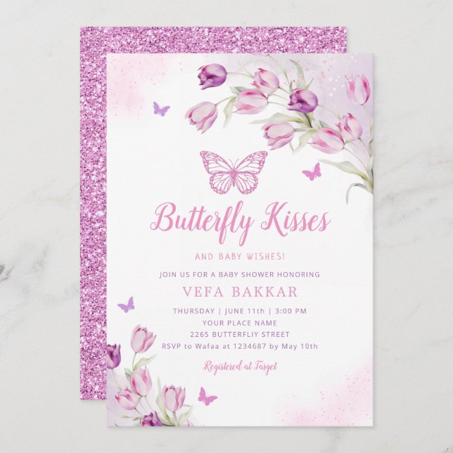 Invitation Boho rose violet papillon floral Baby shower fille (Devant / Derrière)