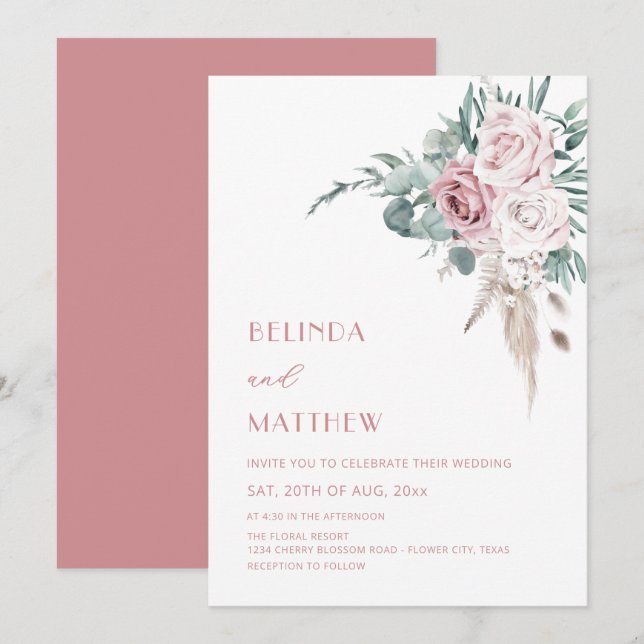 Invitation Boho Roses Aquarelle Moderne  (Devant / Derrière)