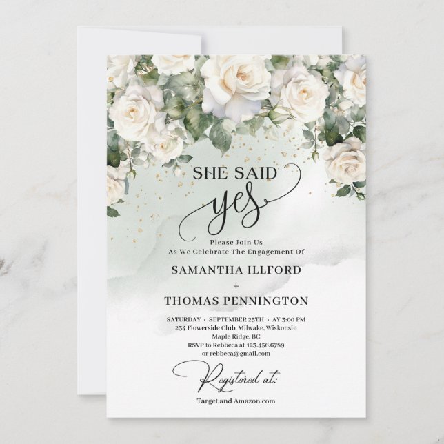 Invitation Boho roses blanches et eucalyptus vert elle a dit  (Devant)