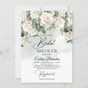 Invitation Boho roses blanches eucalyptus verdure et or