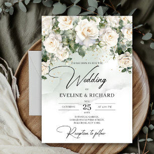 Invitation Boho roses blanches eucalyptus verdure et or