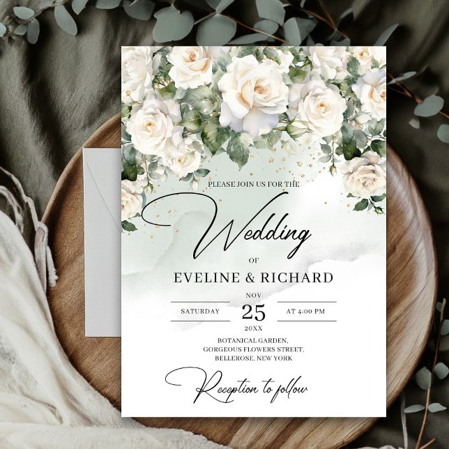 Invitation Boho roses blanches eucalyptus verdure et or (Unique Elegant White Roses Floral Garden greenery wedding invitation digital)