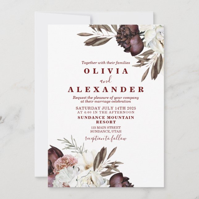 Invitation Boho Roses Bourguignon automne mariage (Devant)