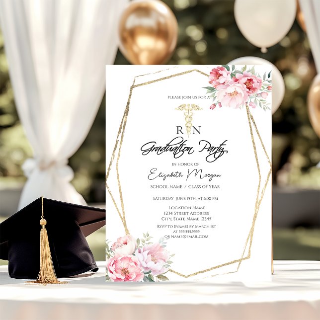 Invitation Boho Roses Cadre Doré RN Fête de Remise de Diplôme (Créateur téléchargé)