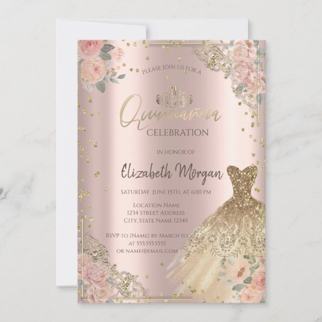 Invitation Boho Roses Diamonds robe Rose or (Devant)