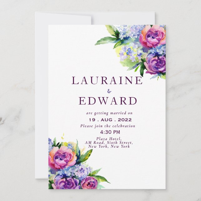 Invitation Boho Roses et pivoines bouquet d'aquarelle violett (Devant)