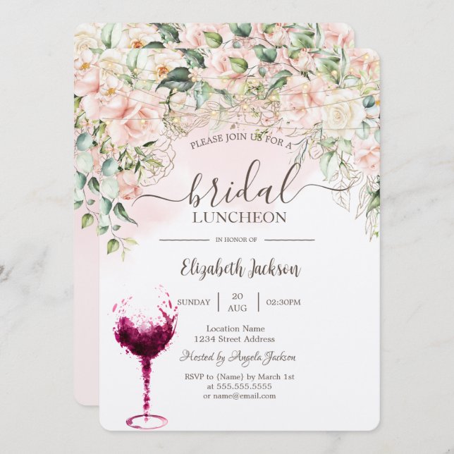 Invitation Boho Roses, Lundi de Nuptiale en Verre Vin (Devant / Derrière)