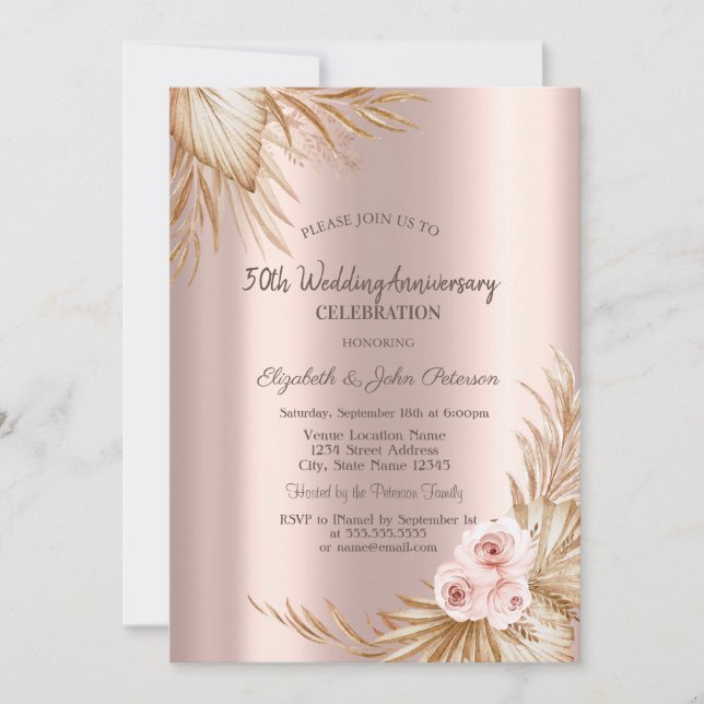Invitation Boho Roses Pampas Rose Doré Mariage Anniversaire (Devant)