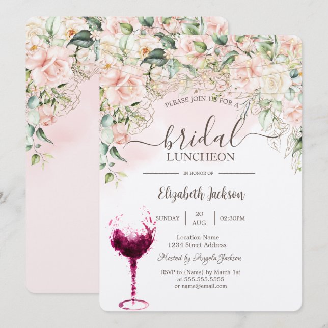 Invitation Boho Roses,Verre à vin Bridal Luncheon (Devant / Derrière)