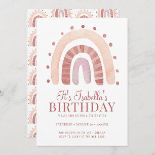 Invitation Boho Rosy Pink Brown Arc-en-ciel fête d'anniversai