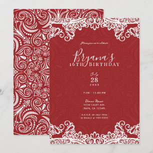 Invitation Boho Rouge & Blanc Dentelle Motif Audacieux Douce 