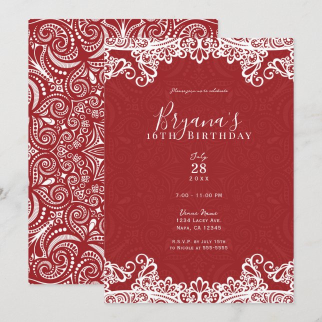 Invitation Boho Rouge & Blanc Dentelle Motif Audacieux Fête D (Devant / Derrière)