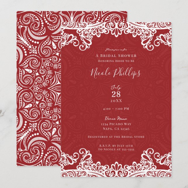 Invitation Boho Rouge & Blanc Dentelle Motif Imprimé Mariage  (Devant / Derrière)