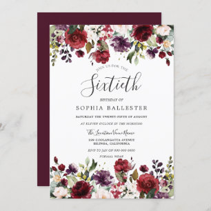 Invitation Boho rouge Bourgogne 60e Soixantième anniversaire