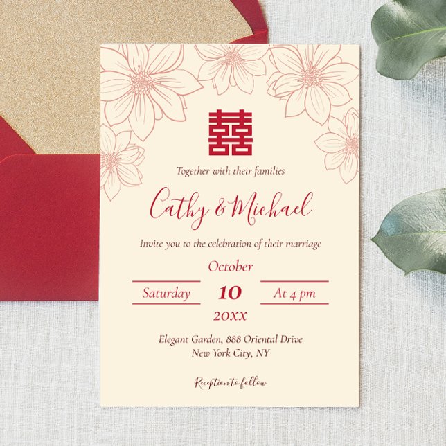 Invitation Boho rouge et beige floral mariage chinois (Créateur téléchargé)