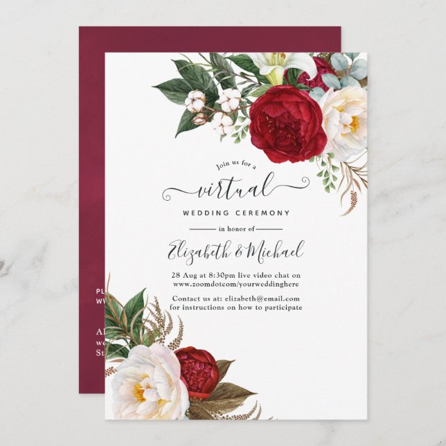 Invitation Boho rouge et blanc Floral Mariage virtuel en lign (Devant / Derrière)