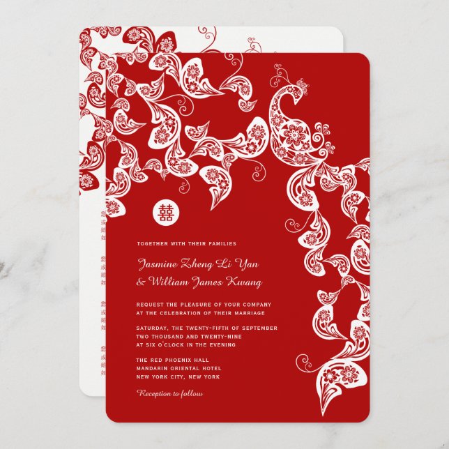Invitation Boho rouge Floral Peacock Élégant Mariage chinois (Devant / Derrière)