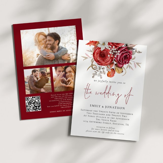 Invitation Boho rouge Florals 3 Photos QR Code Mariage (Front and back view)