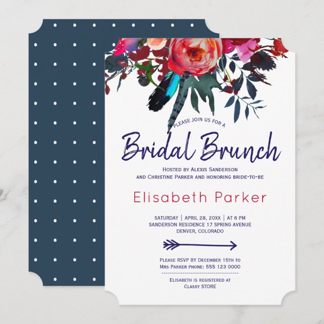 Invitation Boho rouge marine bleu bouquet floral brunch nupti (Devant / Derrière)