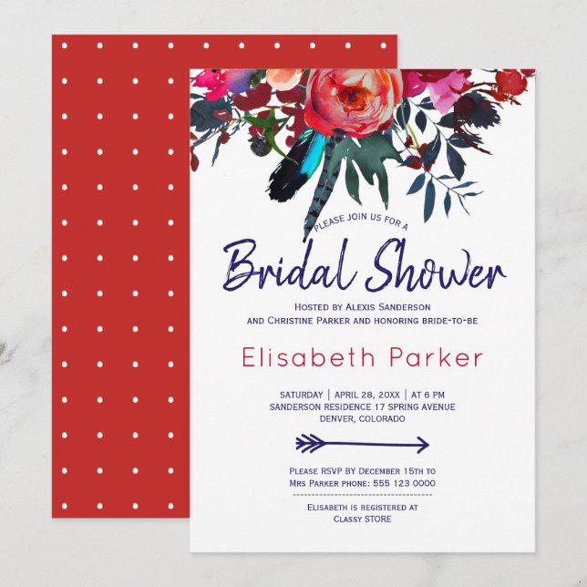 Invitation Boho rouge marine bleu bouquet floral douche nupti (Devant / Derrière)
