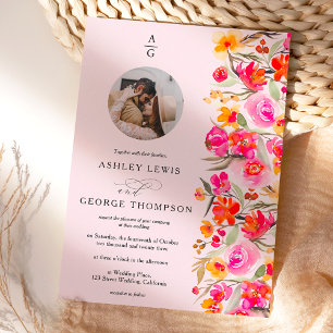 Invitation Boho rouge orangé initiales florales photo mariage