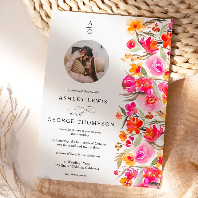 Invitation Boho rouge orangé initiales florales photo mariage (Créateur téléchargé)