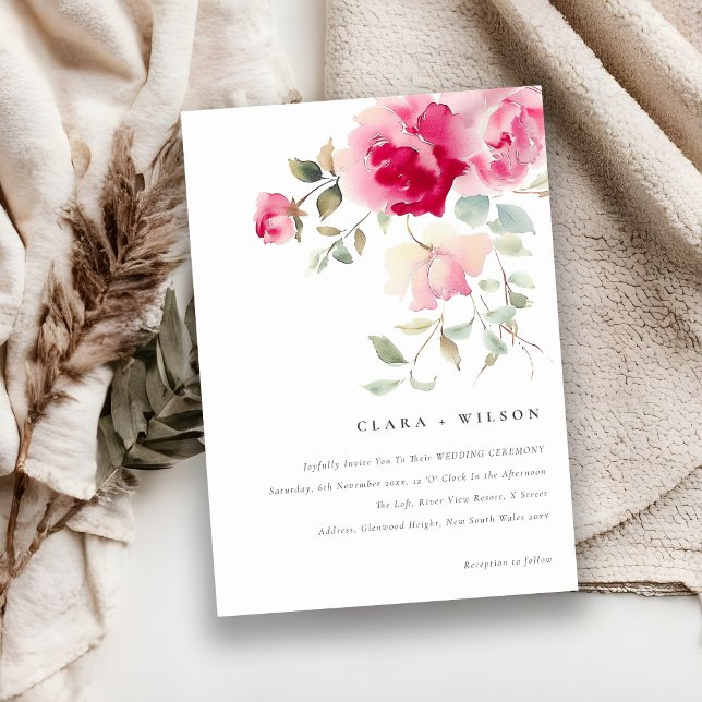 Invitation Boho Rouge Rose Fleurs Mariage d'aquarelle (Créateur téléchargé)