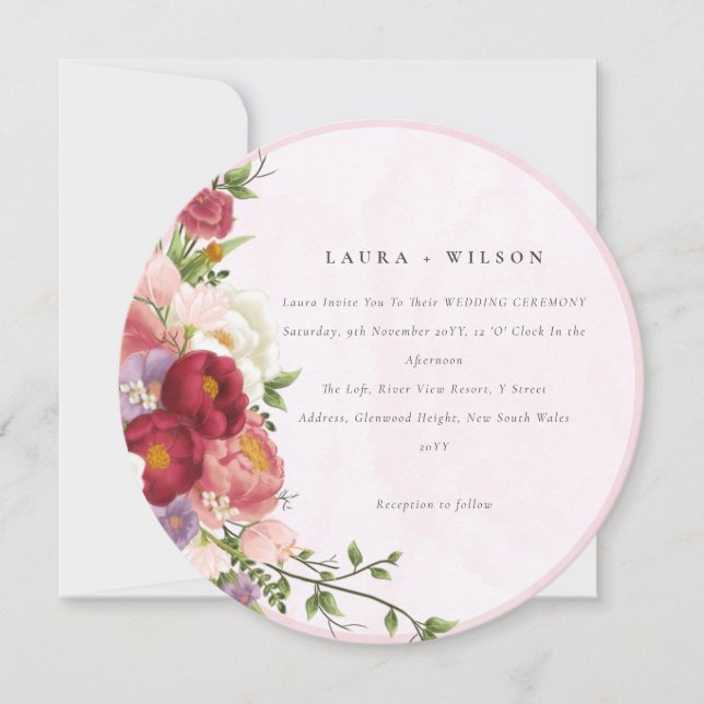 Invitation Boho Rouge Rose Fleurs Rose Blanc Moderne (Devant)