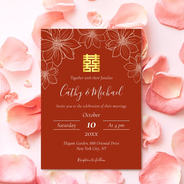 Invitation Boho rouge terre cuite floral mariage chinois (Créateur téléchargé)