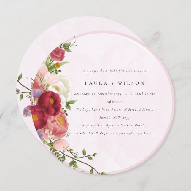 Invitation Boho rouge vif rose blanc Fleurs Fête des mariées (Devant / Derrière)