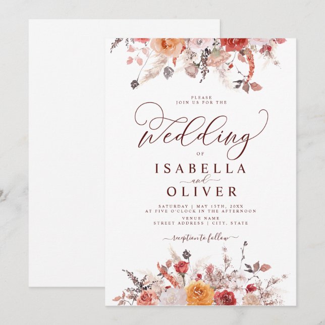 Invitation Boho rouille brûlé Orange Terracotta Marsala Maria (Devant / Derrière)