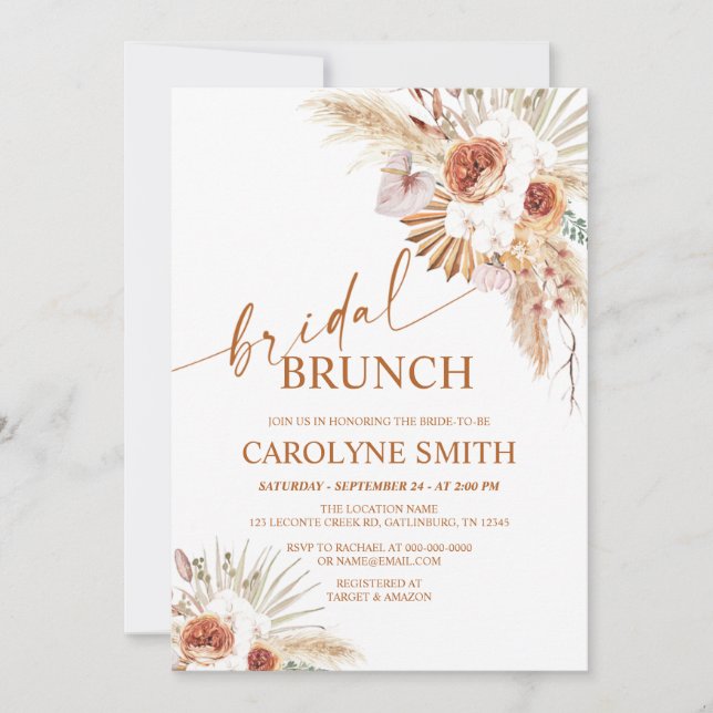 Invitation Boho rouille Et Pampas Grass Bridal Brunch (Devant)