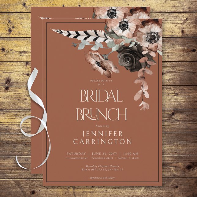 Invitation Boho rouille Fleurs noires et blanches Brunch nupt (Boho Rust Black & White Flowers Bridal Brunch Invitation)