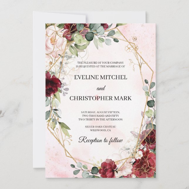 Invitation Boho rousse bordeaux rose or mariage géométrique (Devant)