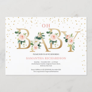 Invitation Boho rousse rose fleurs lettres or feuille oh bébé