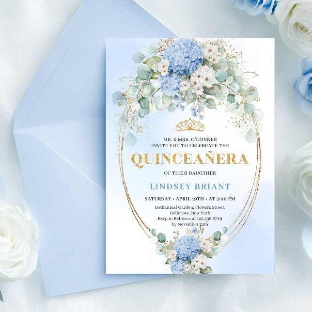 Invitation Boho Royal Blue Hydrangeas Eucalyptus Quinceañera (Boho Royal Blue Hydrangeas Eucalyptus Quinceañera Invitation )