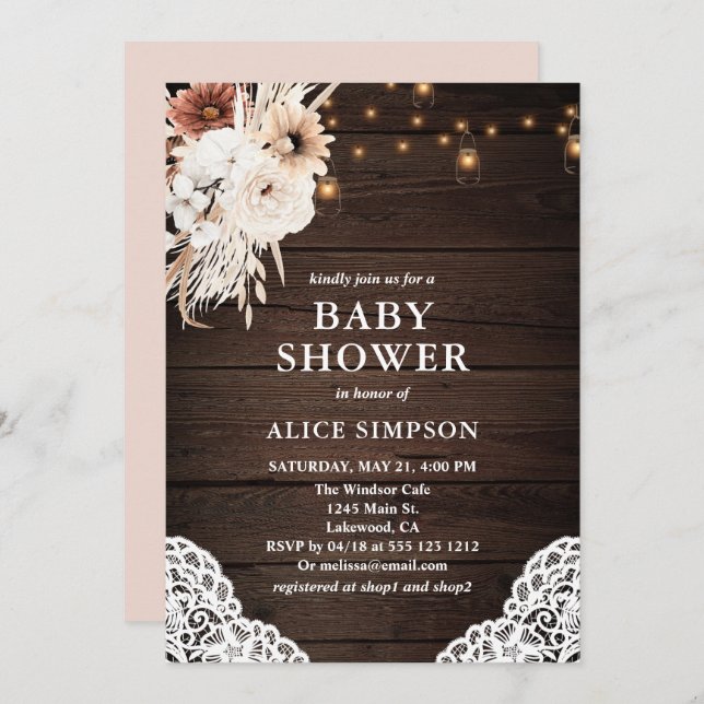 Invitation Boho Russe Beige Floral Mason Jarres Baby shower D (Devant / Derrière)