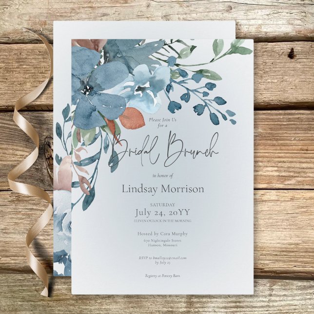 Invitation Boho Rust & Blue Floral sur White Bridal Brunch (Boho Rust & Blue Floral on White Bridal Brunch Invitation)