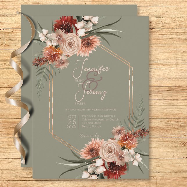 Invitation Boho Rust & Sage Neutre Green Fall Floral (Boho Rust & Neutral Sage Green Fall Floral Invitation)