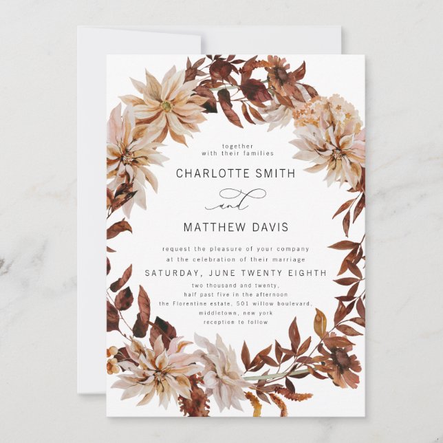 Invitation Boho Rustic Automne Automne Floral Wreath Mariage (Devant)
