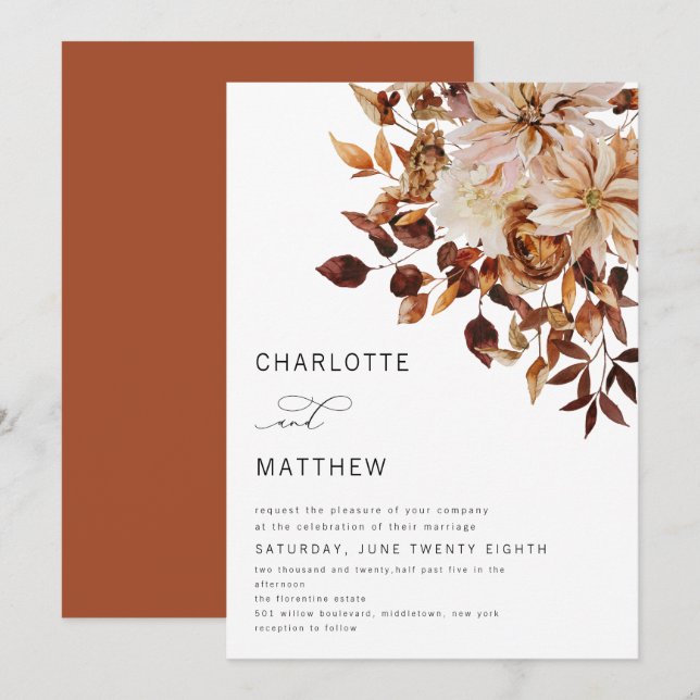 Invitation Boho Rustic Automne Feuilles Floral Mariage (Devant / Derrière)