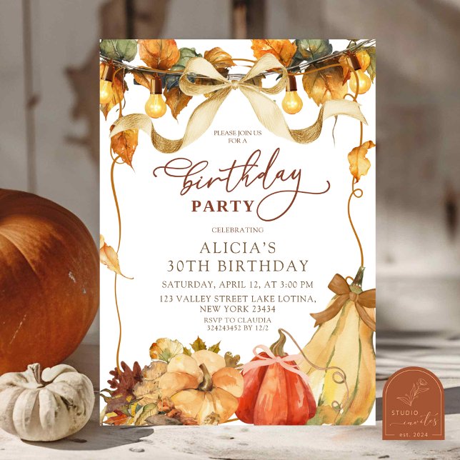 Invitation Boho Rustic Bow Coquette fall pumpkin birthday  (Créateur téléchargé)