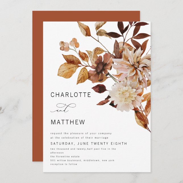 Invitation Boho Rustic Fall Floral Bural Orange Mariage (Devant / Derrière)