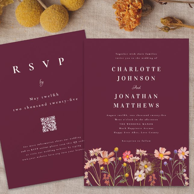 Invitation Boho Rustic Fleur sauvage Bourgogne Mariage (Boho wildflower meadow burgundy wedding invitation Elegant modern stylish watercolor florals)